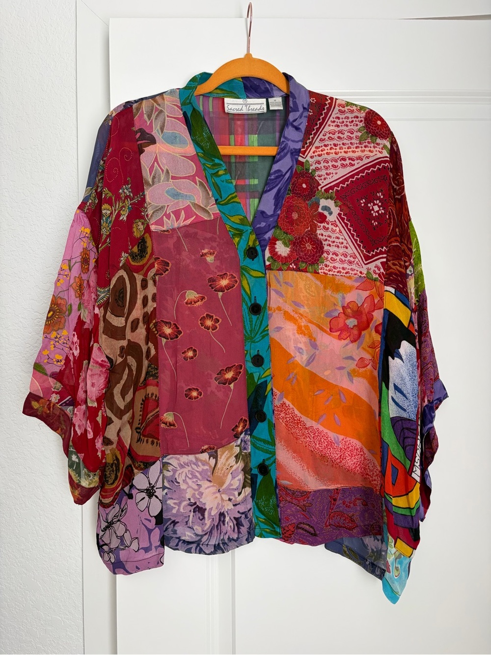 SACRED THREADS Boho Patchwork Rayon Button-Down Kimono Top Size M Oversized